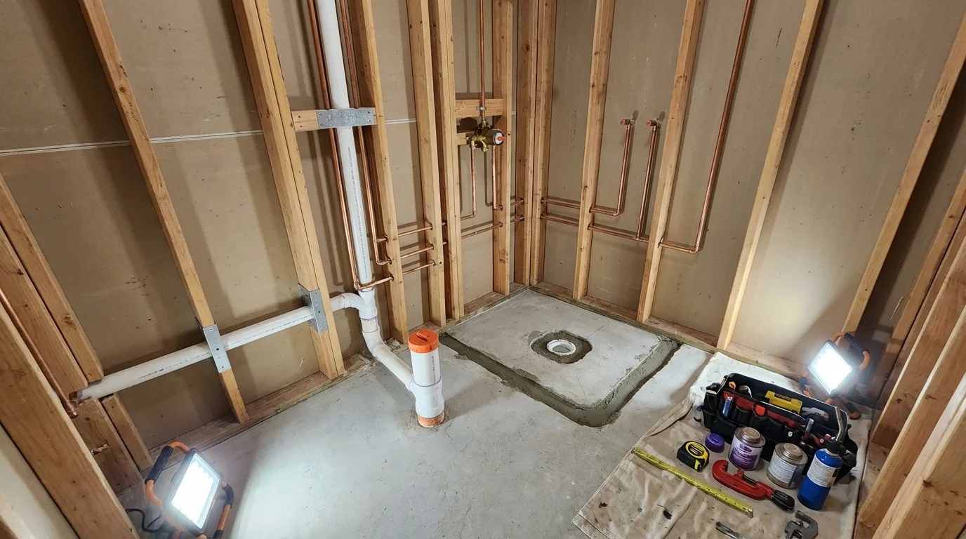 Bathroom rough-in plumbing during remodel by Johns Plumbing LLC in Des Allemands