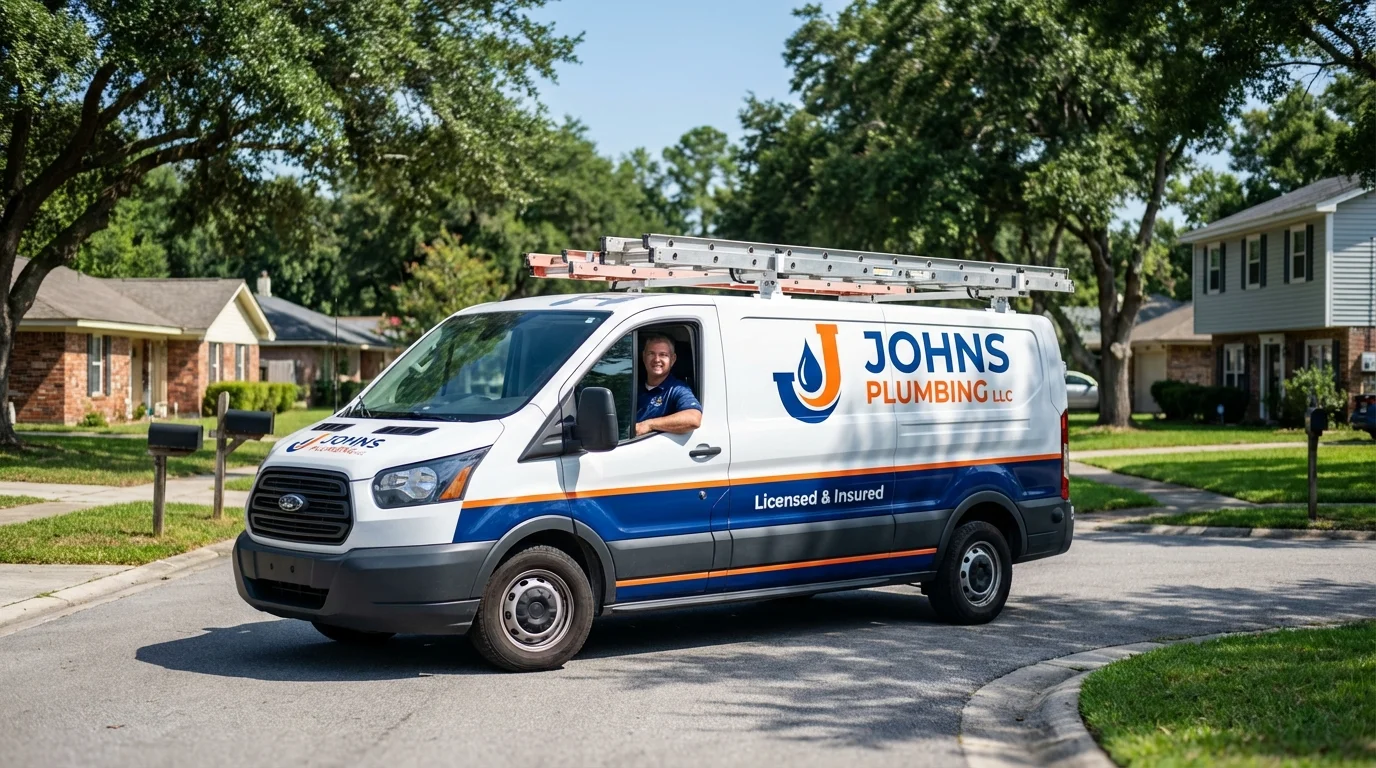 Johns Plumbing LLC service van in Des Allemands, LA