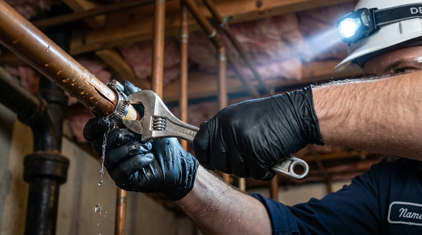 Emergency pipe clamp repair being performed by a Johns Plumbing LLC plumber in Des Allemands