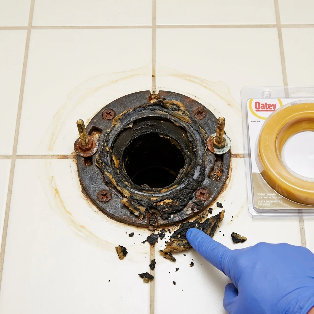 Failed wax ring showing water seepage at the base of a toilet in a Des Allemands, LA home