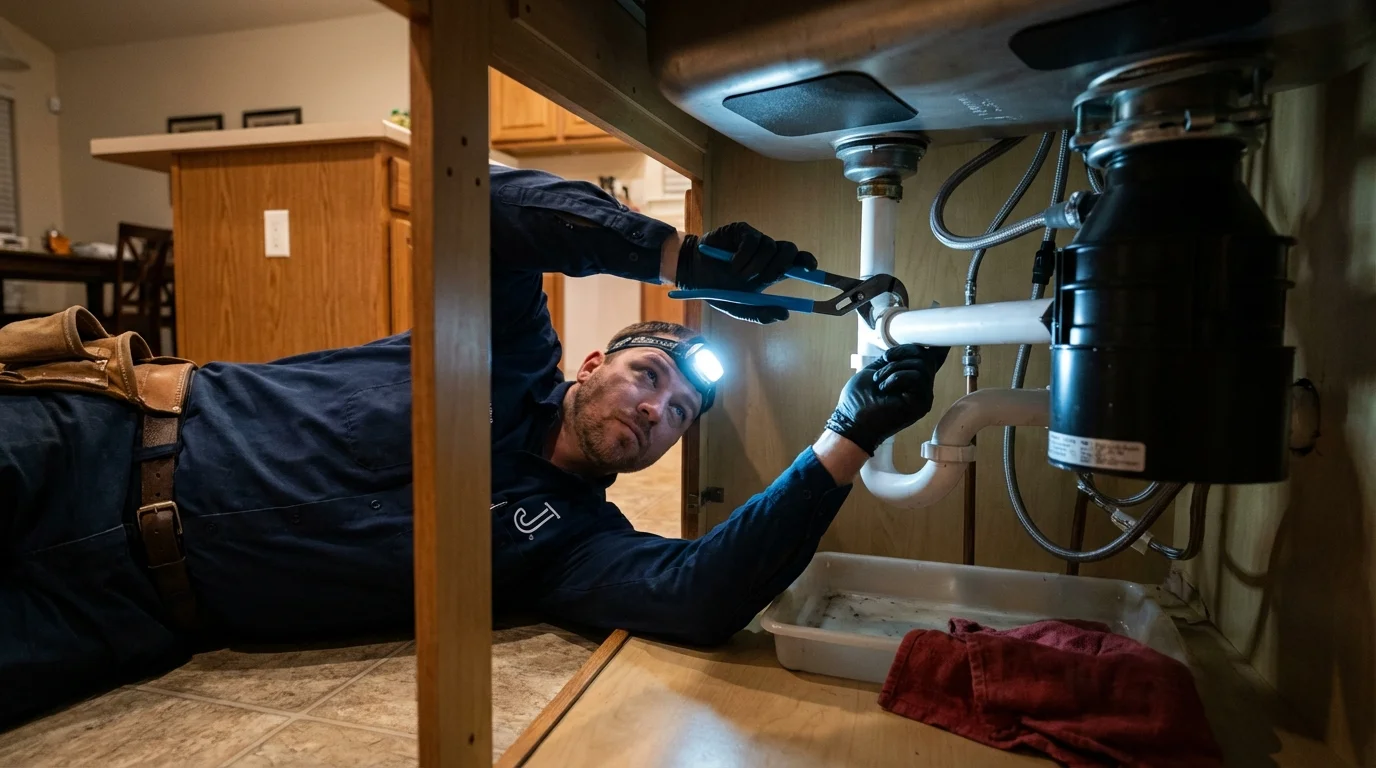 P-trap and supply line connections under a kitchen sink showing a common leak point in Des Allemands, LA